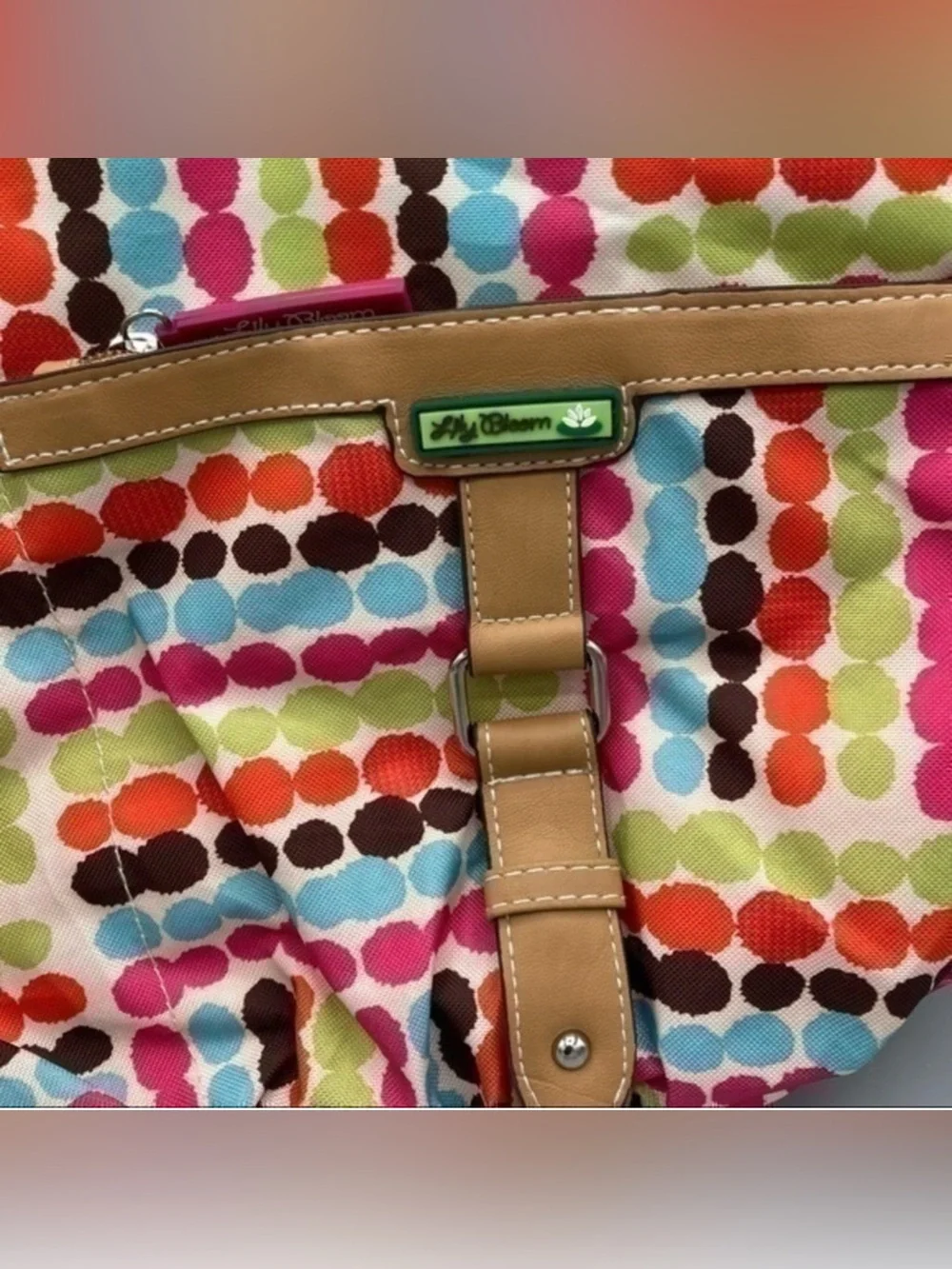 🌸 Lily Bloom Multicolor Dot-Print Shoulder Bag with Tan Trim and Strap Detail